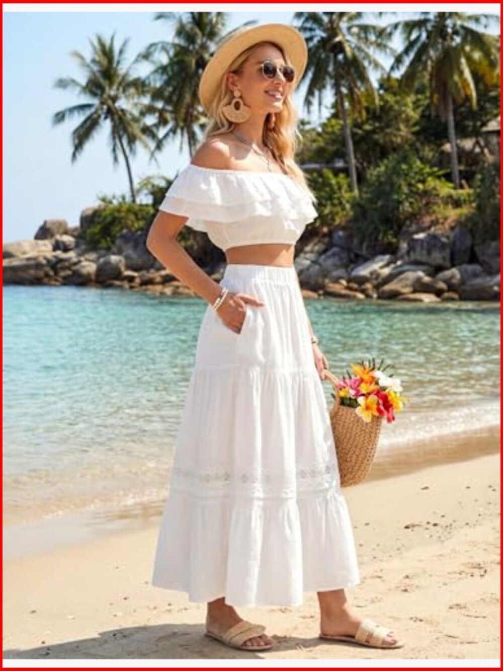 Maxi Skirt High Waist Tiered Flowy Boho Casual with Pockets - Picture 4 of 7